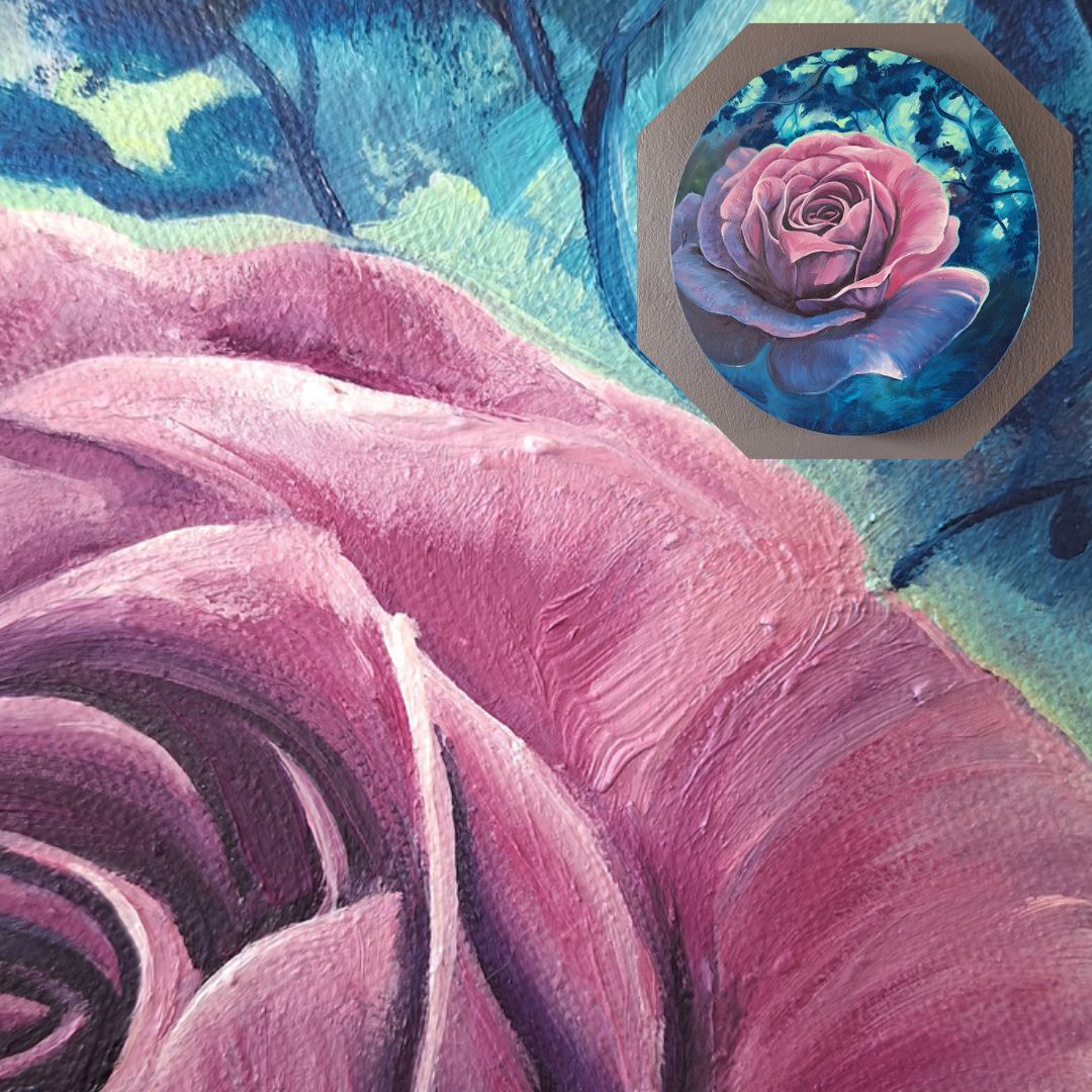 Round Oil Painting of a Rose by Jeanine Jansen Van Vuuren